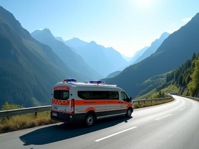 Swiss emergency services vehicle on a mountain road
